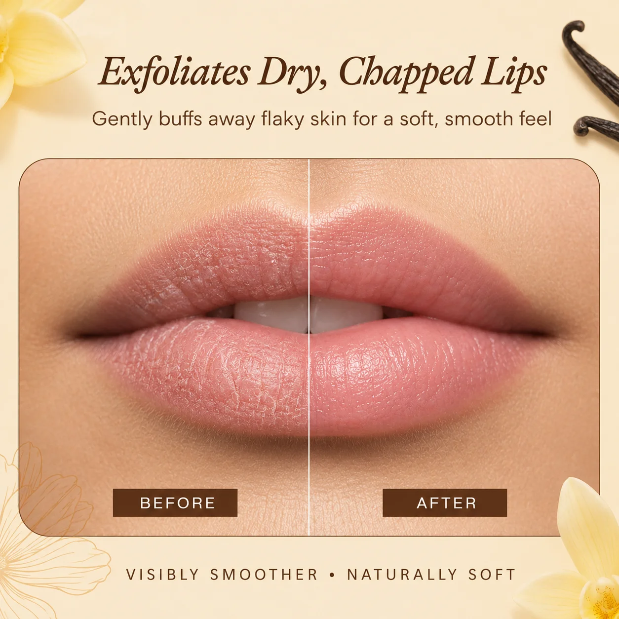 A close-up of lips showing a before and after comparison of dry, chapped lips versus smooth, exfoliated lips.